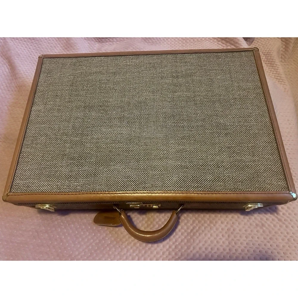 Vintage Brown Tweed Suitcase Luggage Hard Shell Travel Bag Gold Hardware